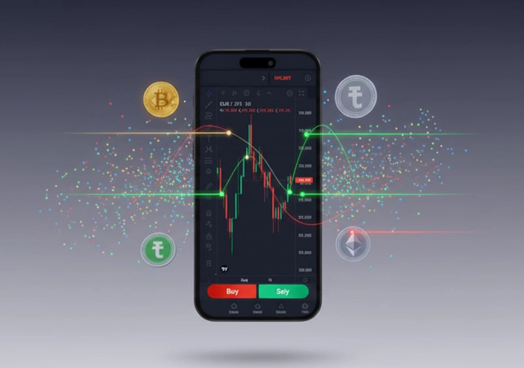 Tradeel mobile app displaying live trading chart with cryptocurrency and market indicators